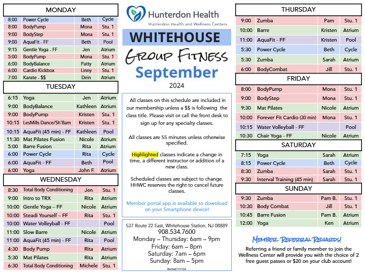 Group Fitness Schedule | Hunterdon